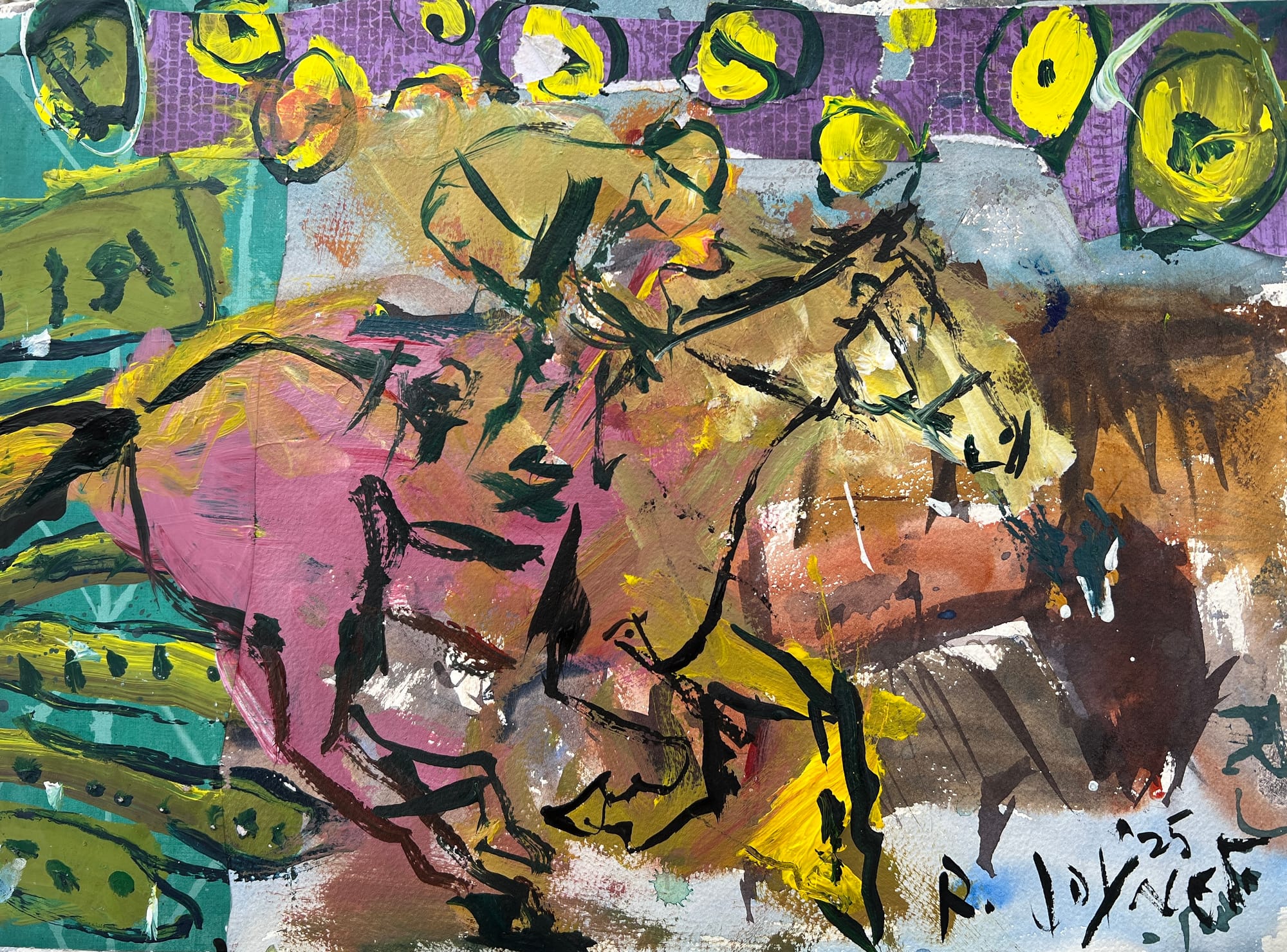 Mixed media Loose Abstract horse racing painting