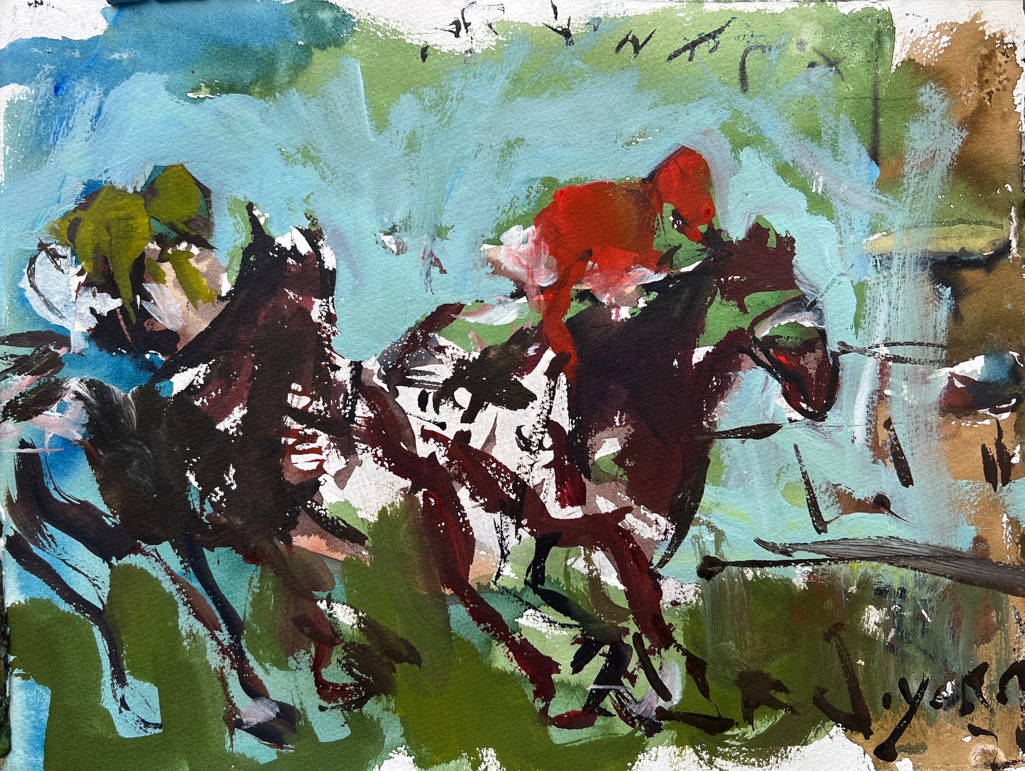 Mixed media Loose Abstract horse racing painting