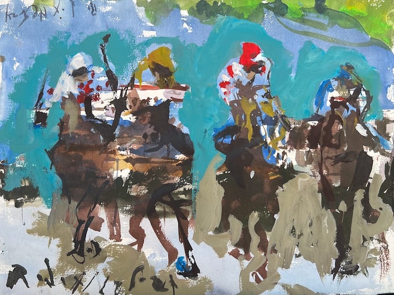 Mixed media Loose Abstract horse racing painting