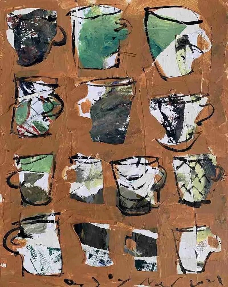 Mixed media abstract painting with coffee cups