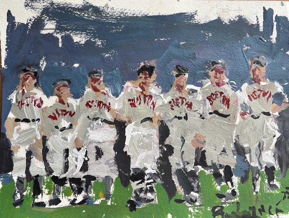 Colorful mixed media portrait of Boston Red Sox legends