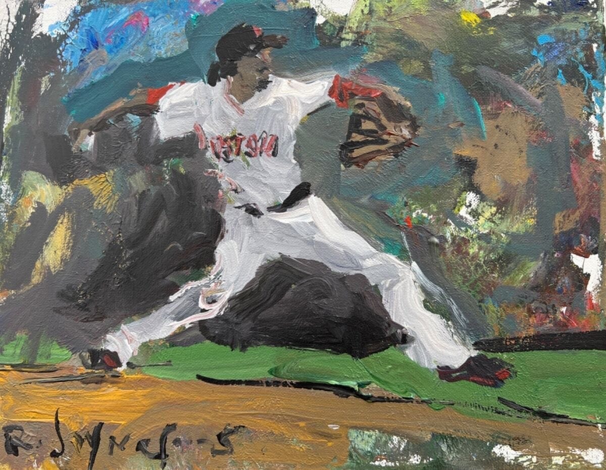 Abstract mixed media portrait of Pedro Martinez pitching for the Boston Red Sox