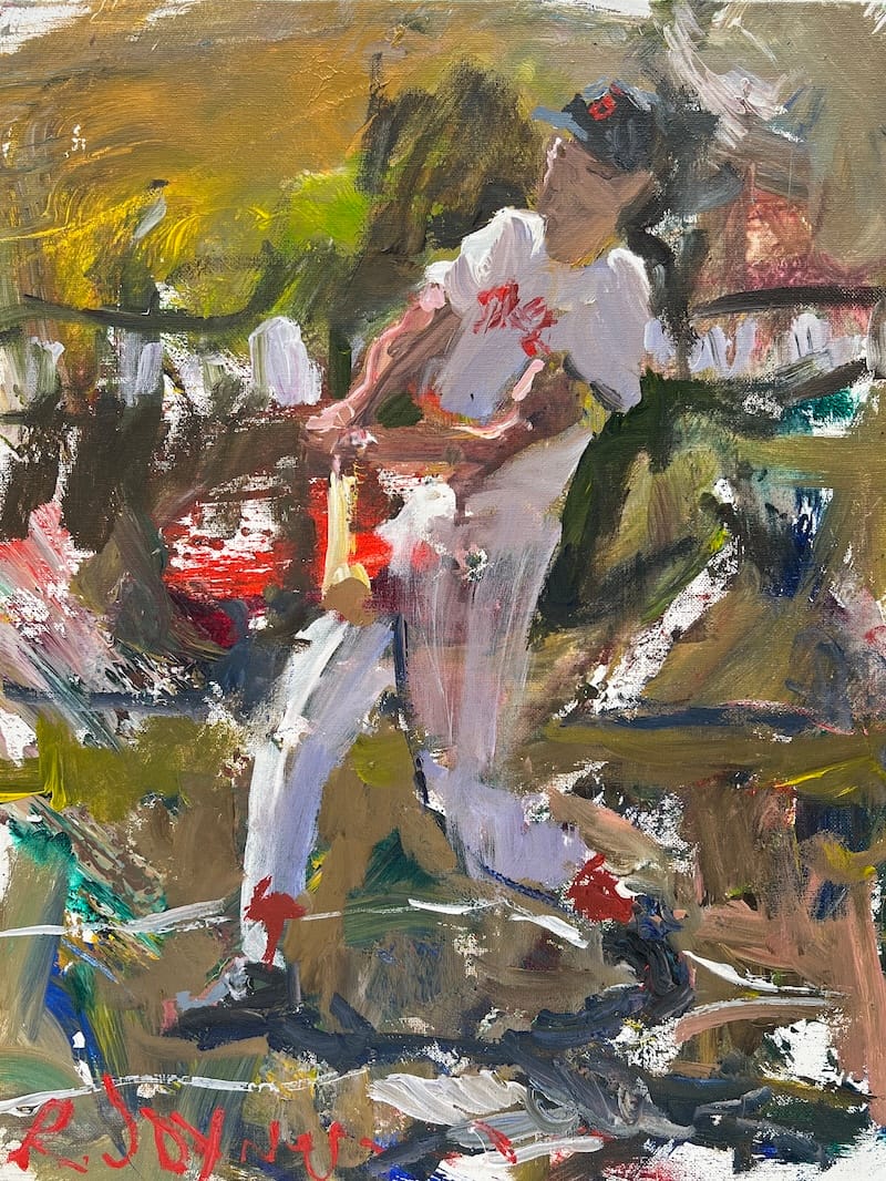 Loose abstract watercolor painting of Red Sox legend Ted Williams mid-swing