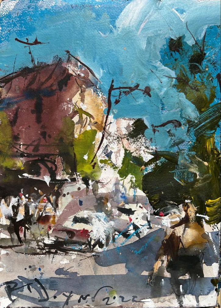 Abstract cityscape painting with watercolor and acrylic combo