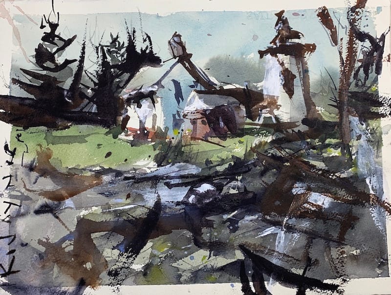 Abstract watercolor and mixed media Lighthouse painting