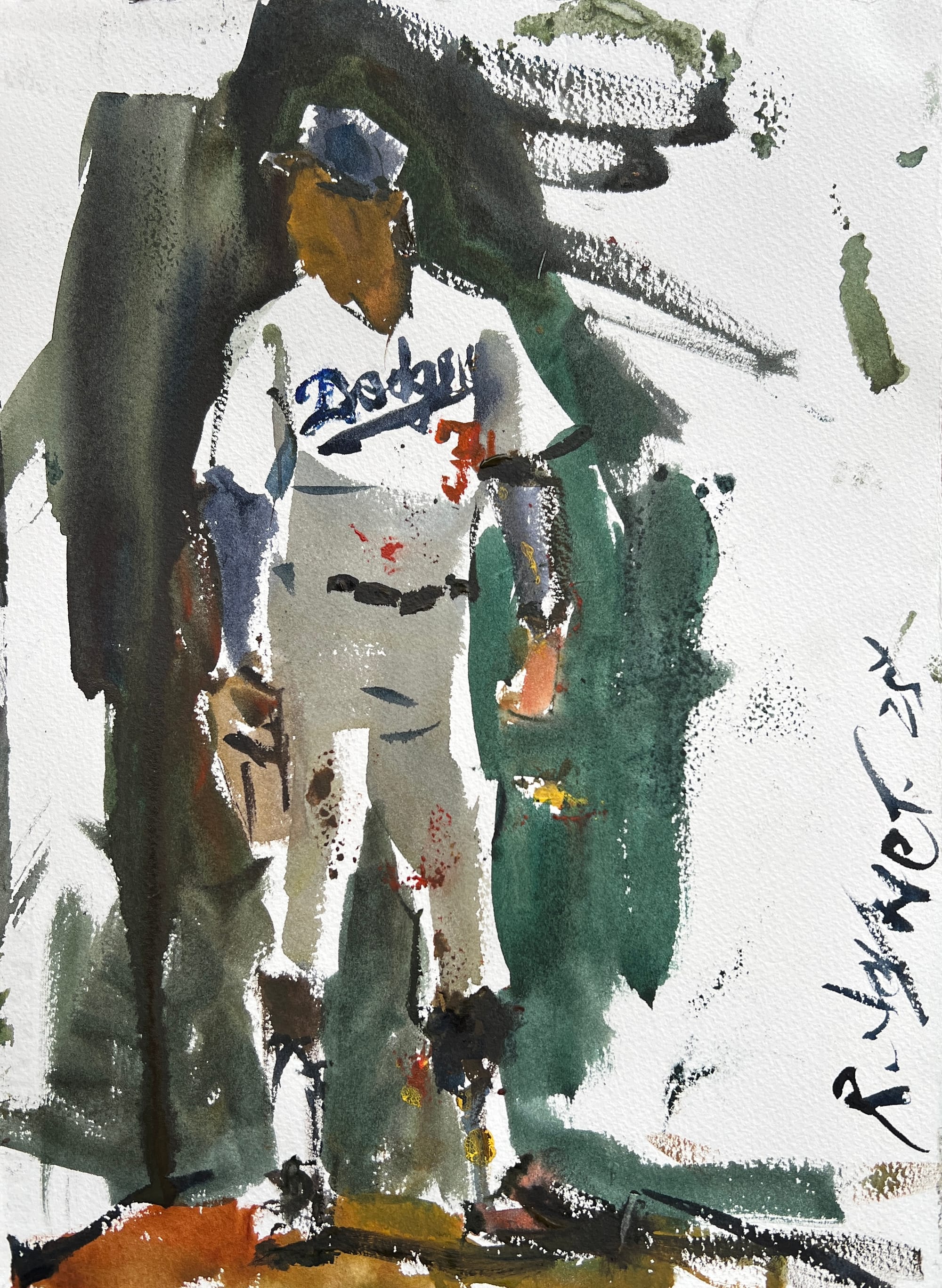 Watercolor painting of Fernando Valenzuela Mexican baseball legend original art