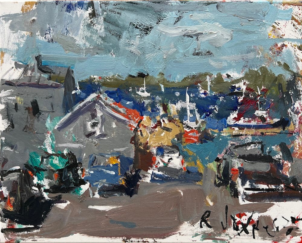 Expressive harbor painting featuring weathered fish houses and work trucks