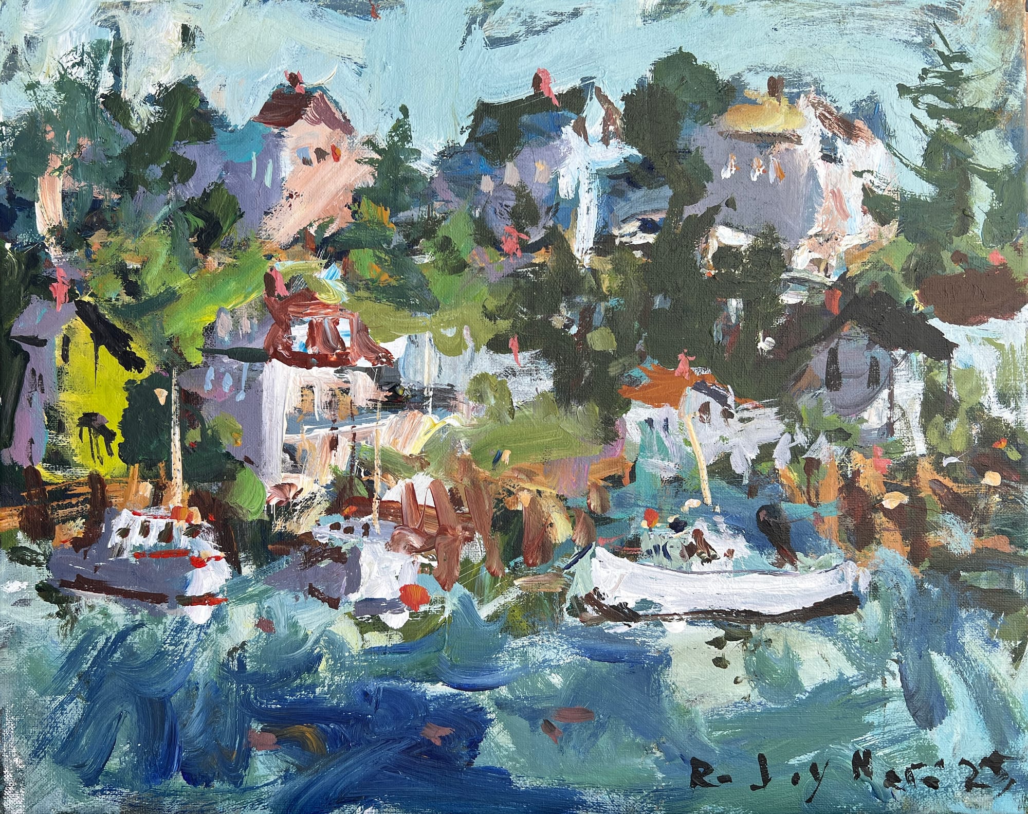 Abstract painting of a weathered coastal home overlooking the ocean in Maine.