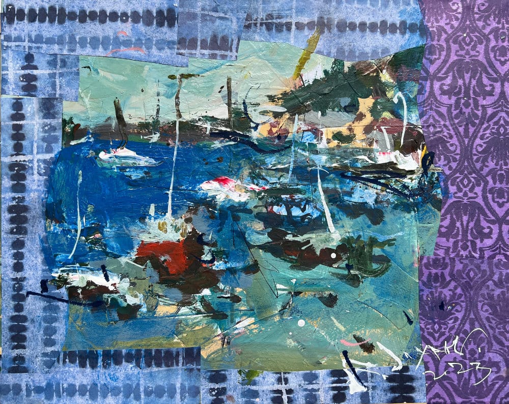 Harbor masts defined by negative painting with teal acrylic glazes.