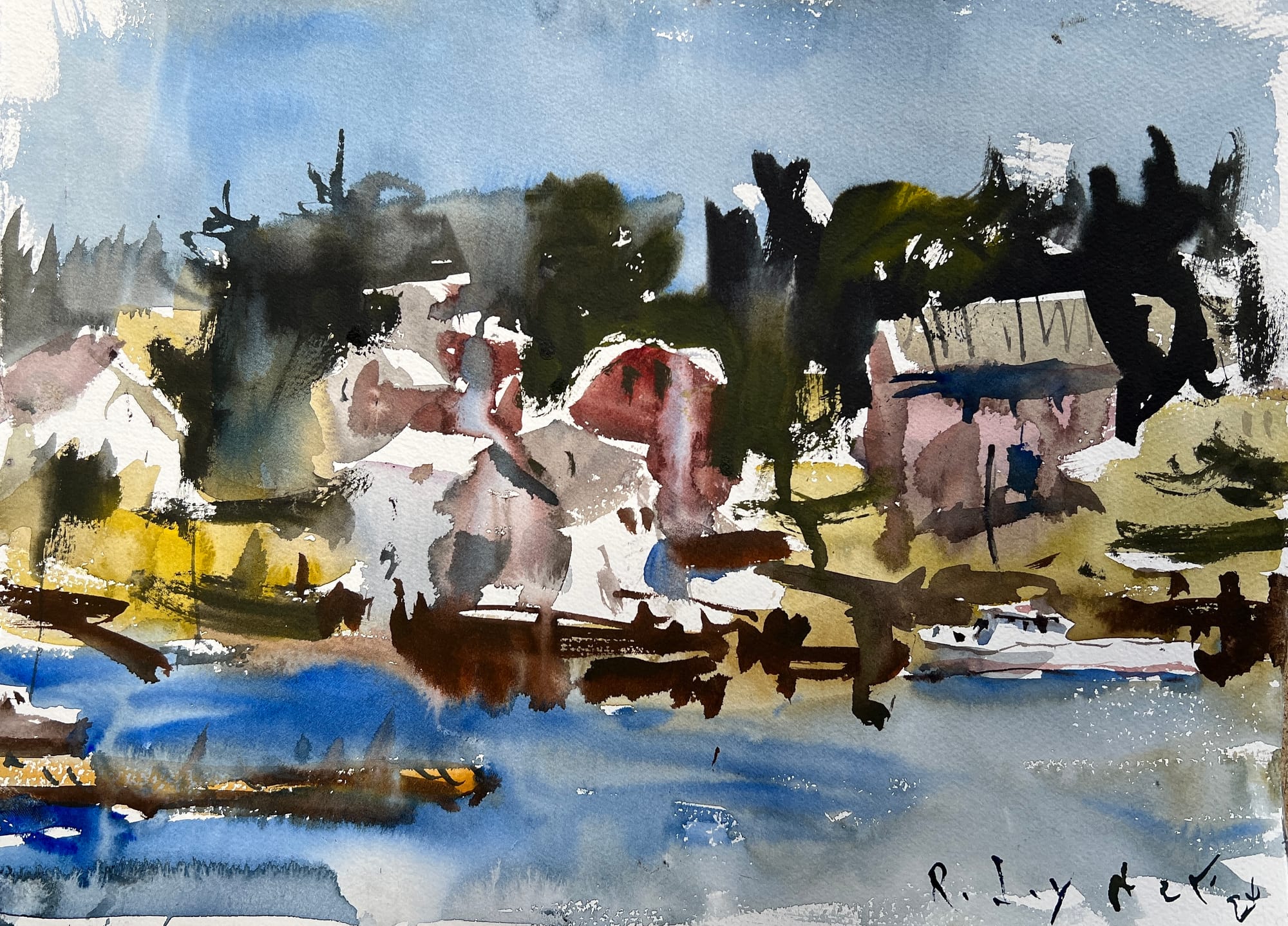 Watercolor painting inspired by Maine’s working harbor scenes.