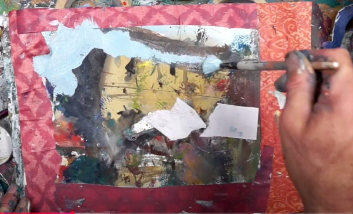 First acrylic paint layers over urban cityscape sketch with collage border.