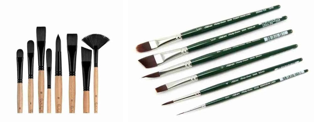 Two acrylic brush sets side by side: Princeton Catalyst Polytip (wood handles) and Silver Brush Ruby Satin (green handles)