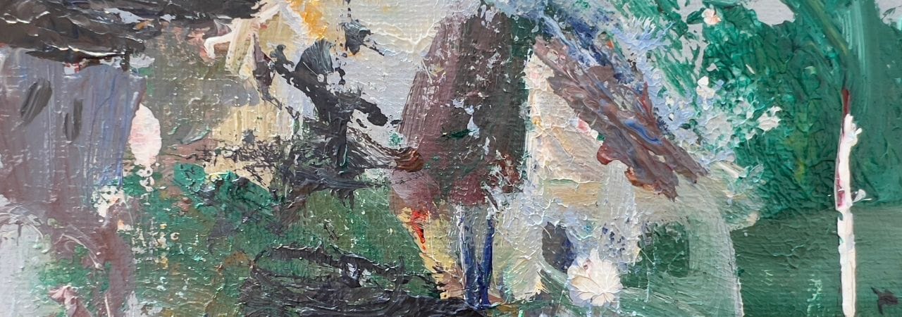 Close-up view of acrylic paint textures on canvas – showing brushwork and color blending