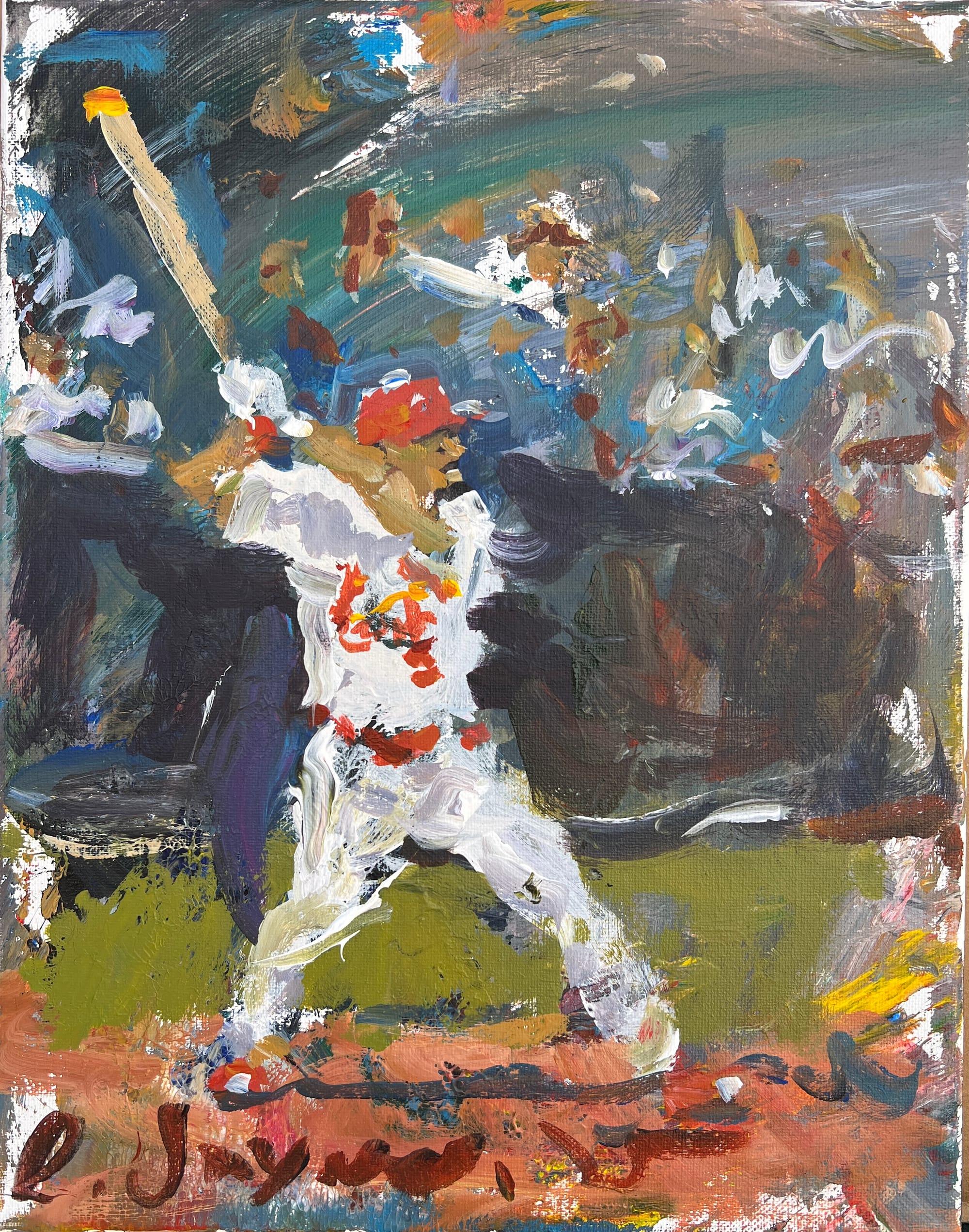 Custom baseball painting of Albert Pujols powerful swing at Busch Stadium