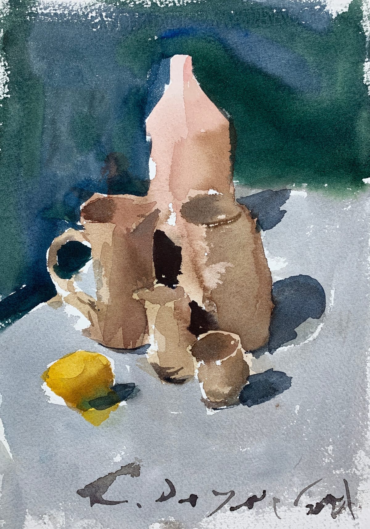 Beginner watercolor still life painting with vessels using advanced techniques.