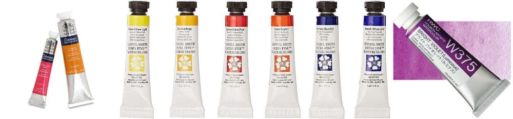 Top watercolor paint brands side by side – Winsor & Newton Cotman, Daniel Smith Extra Fine, and Holbein Artists’ Watercolors.