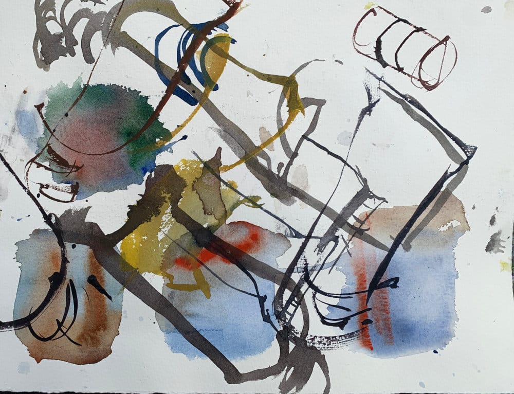 Loose watercolor blind contour drawing of everyday object