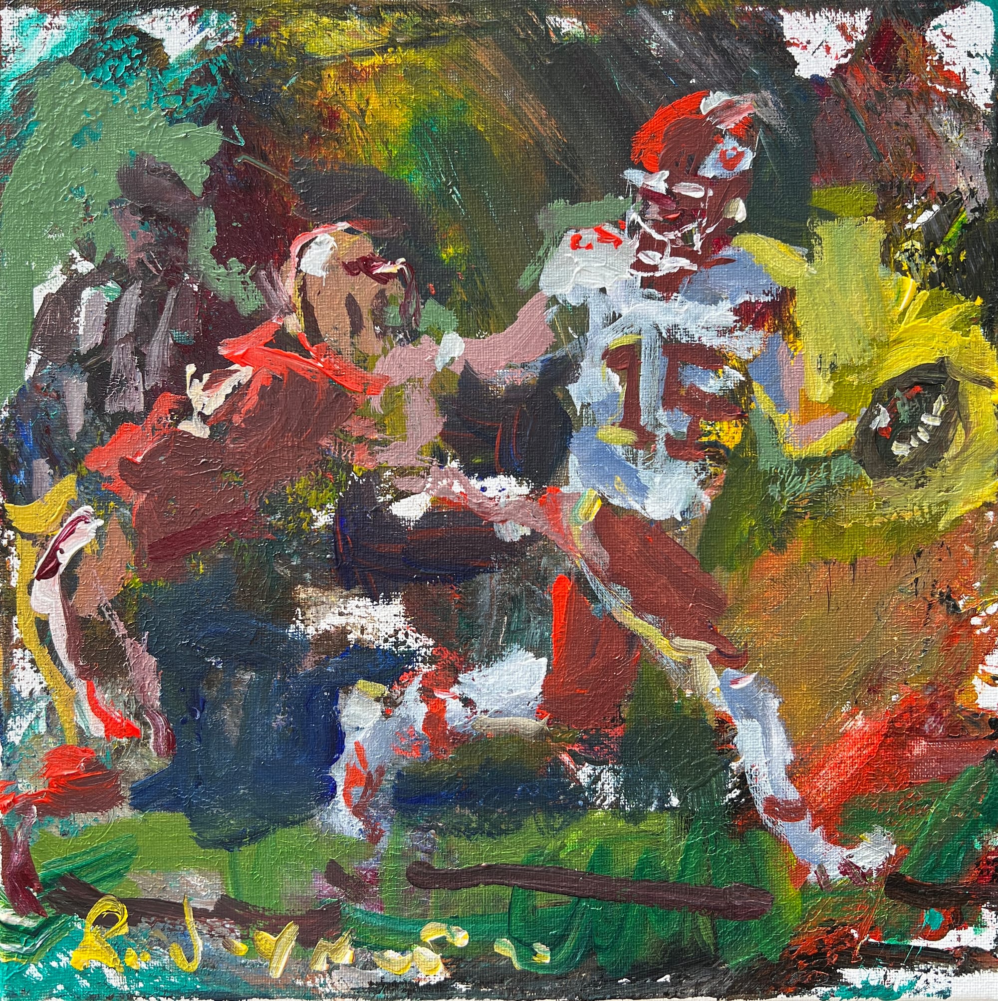 Original painting of Patrick Mahomes Chiefs quarterback throwing touchdown pass