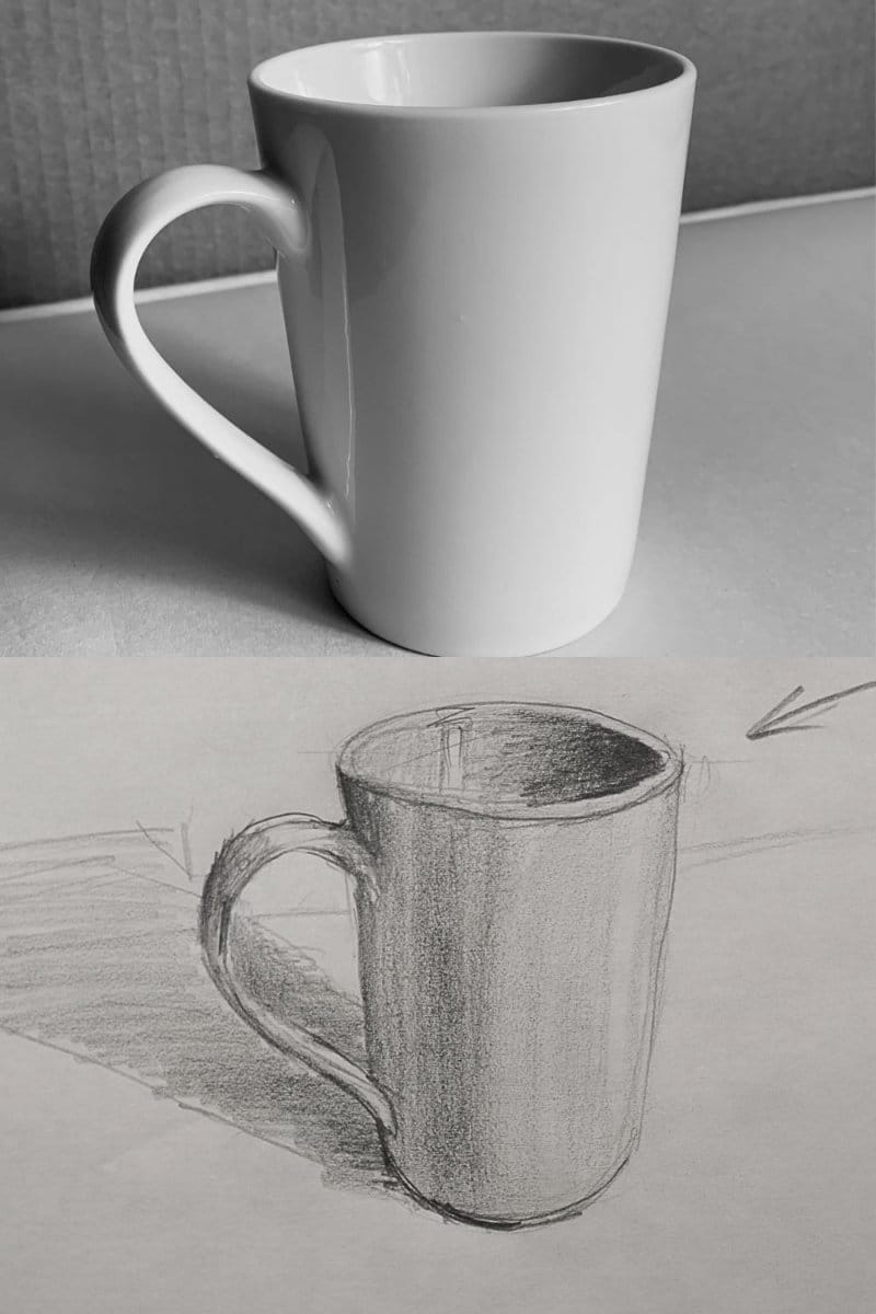 Photo reference of a coffee cup alongside the completed pencil drawing with shading and highlights