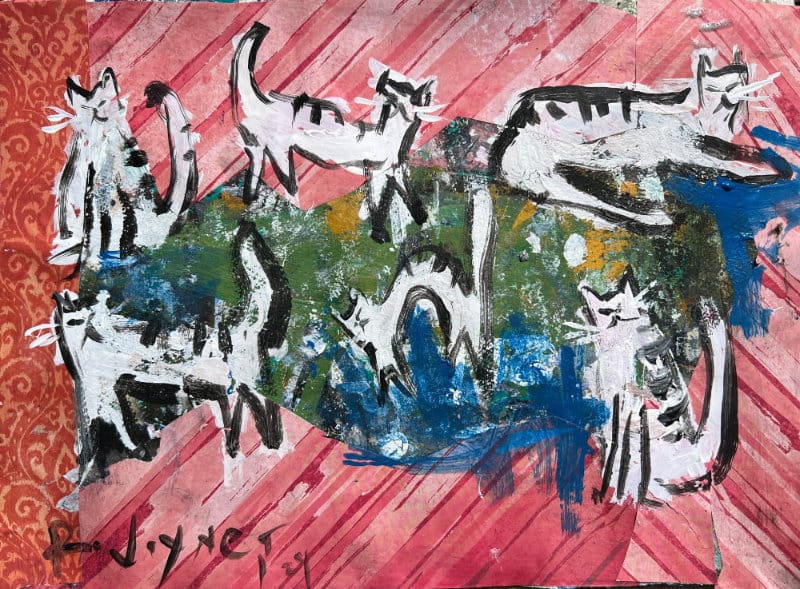 Playful white-and-black collage cats moving across a textured center, framed by pink patterned collage borders.