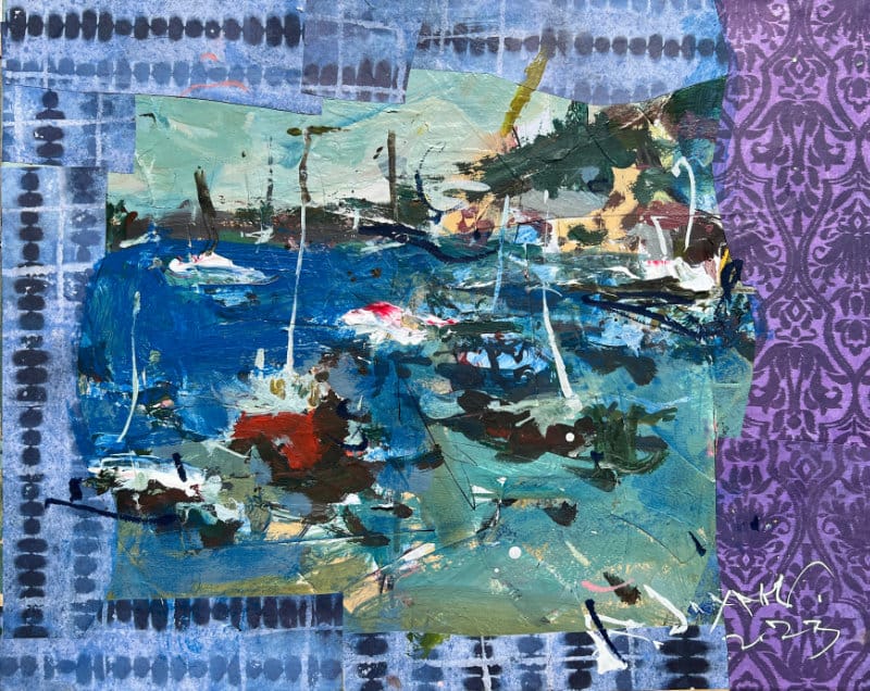 Loose acrylic harbor with boats surrounded by blue and purple patterned collage strips forming a soft border.