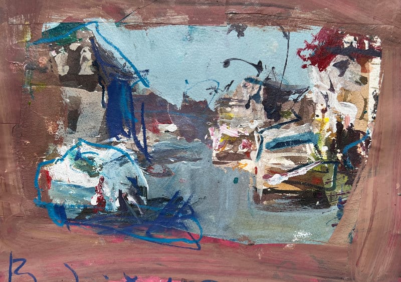 Urban street scene painted over a textured ground, framed by a muted collage border with a few paint marks crossing the edge.