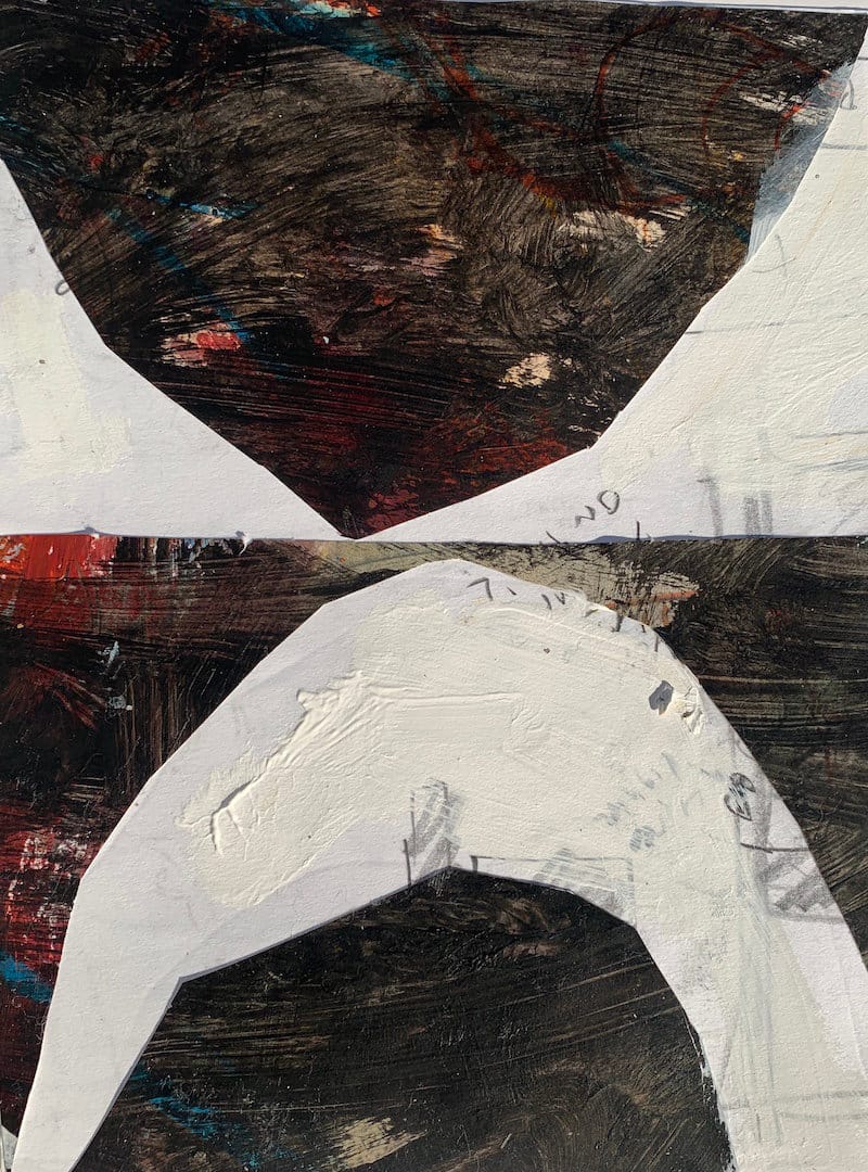 Paper collage of two large black geometric shapes with torn white borders on a textured neutral ground—simple-shape exercise.