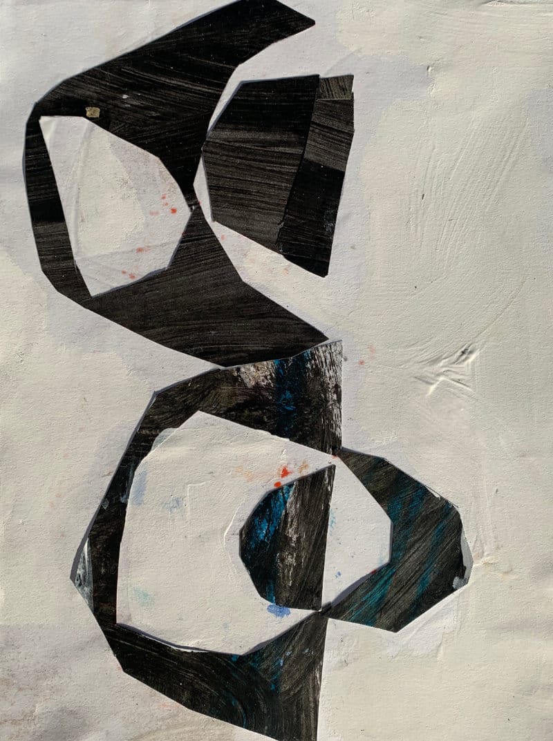 Cut-paper collage of interlocking black shapes with white and teal accents on an off-white background—geometric exploration.