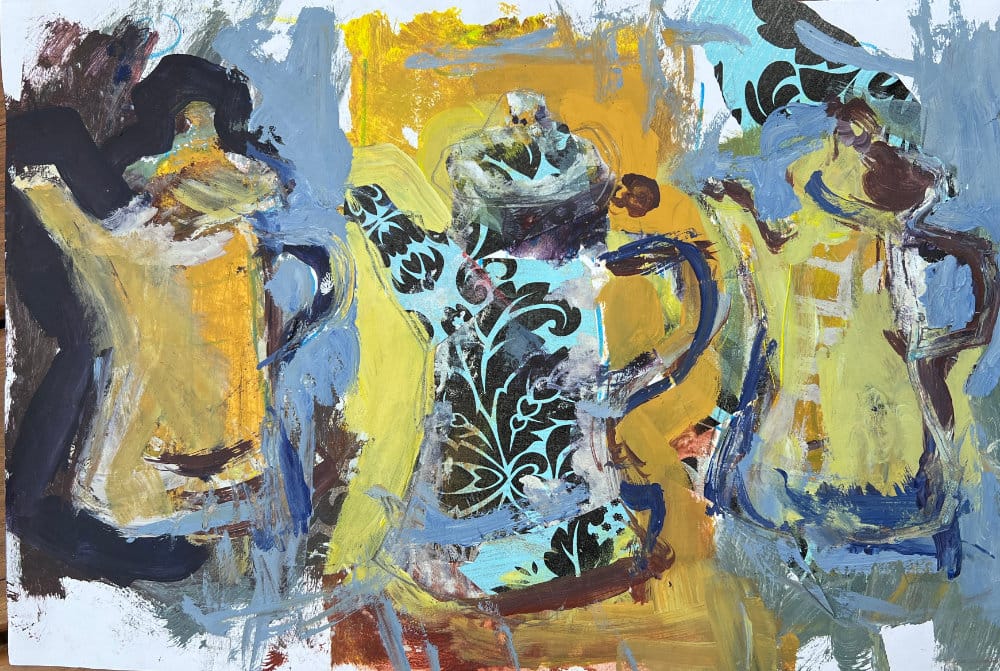Three coffee-pot silhouettes side by side with acrylic and patterned collage on a single sheet—triptych variation study.