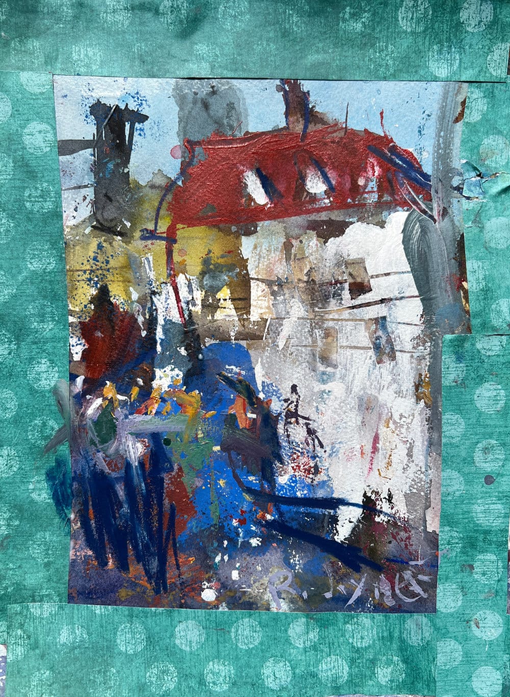 Urban abstract with dotted collage border pattern framing simplified buildings.