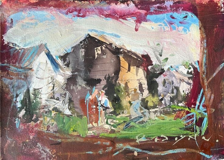 Here's a mashup collage technique showing of my unique border method with crayon and acrylic over a reject watercolor.