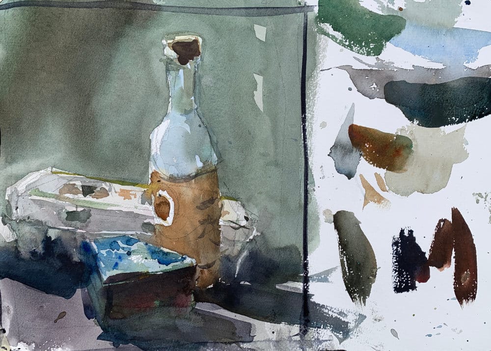 Watercolor painting in cool blue and green tones