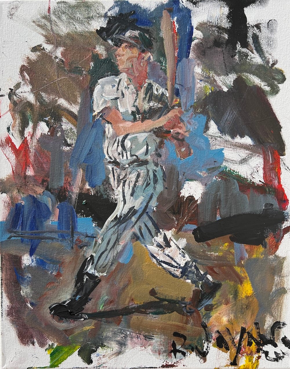 Abstract portrait of Yankees great Joe DiMaggio with loose lines and subtle washes of color