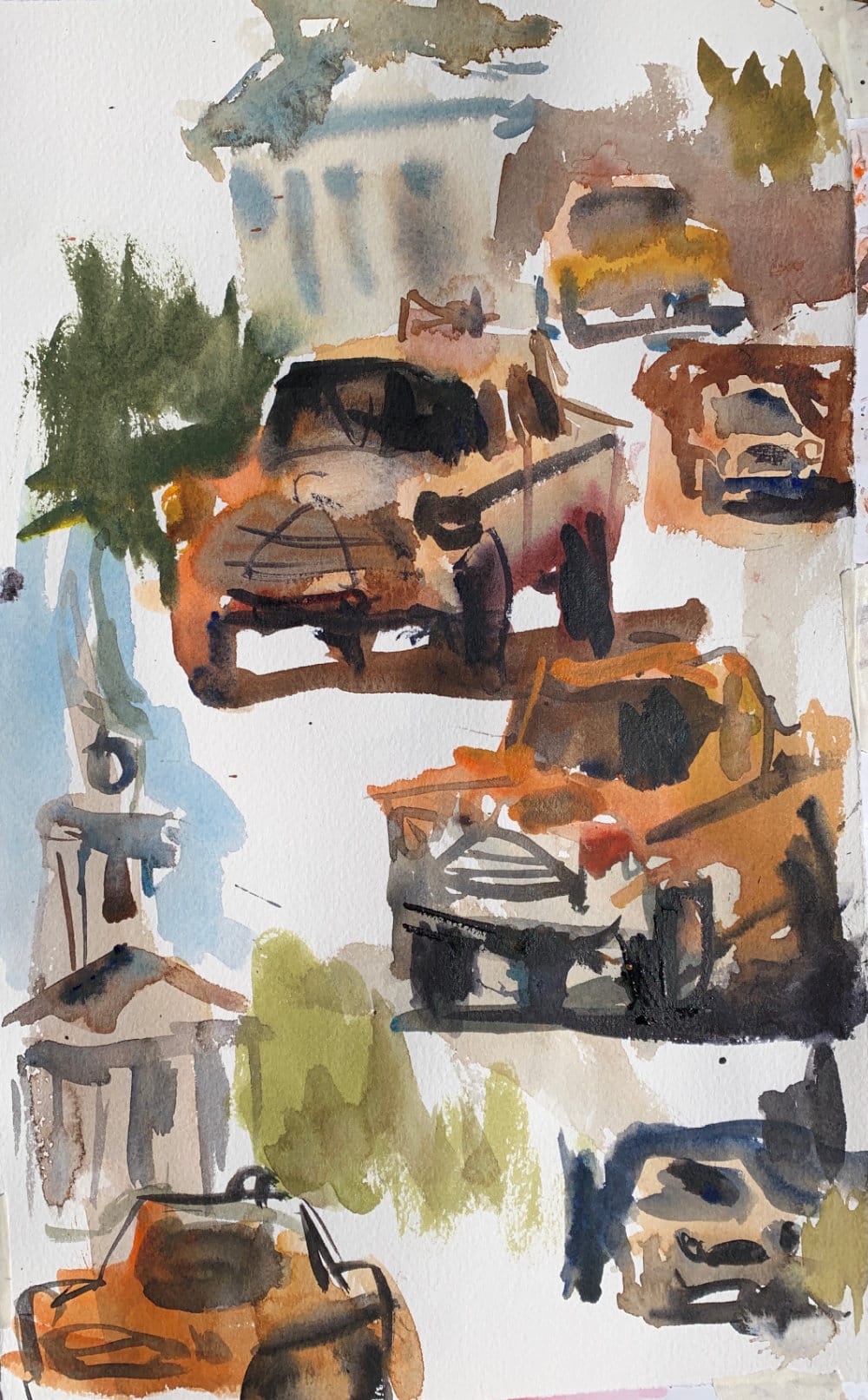 Drawing directly with a watercolor brush to create expressive strokes.