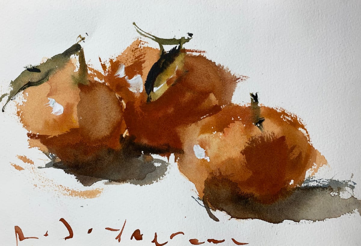 Easy watercolor painting of clementines with color variation.