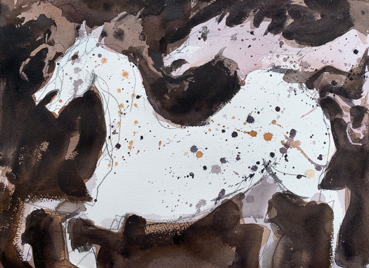 Monochrome watercolor painting of galloping horses for beginners.