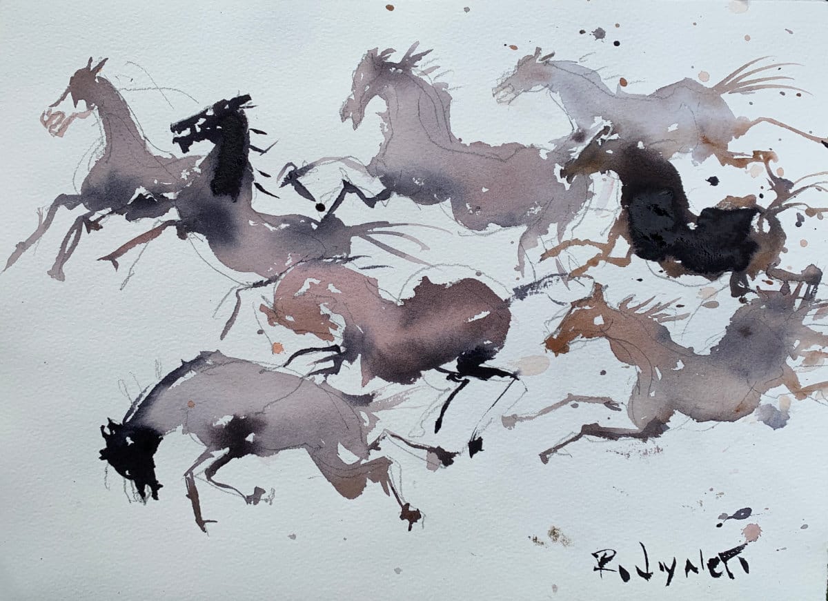 Beginner watercolor painting of horses using negative space and splatter technique.