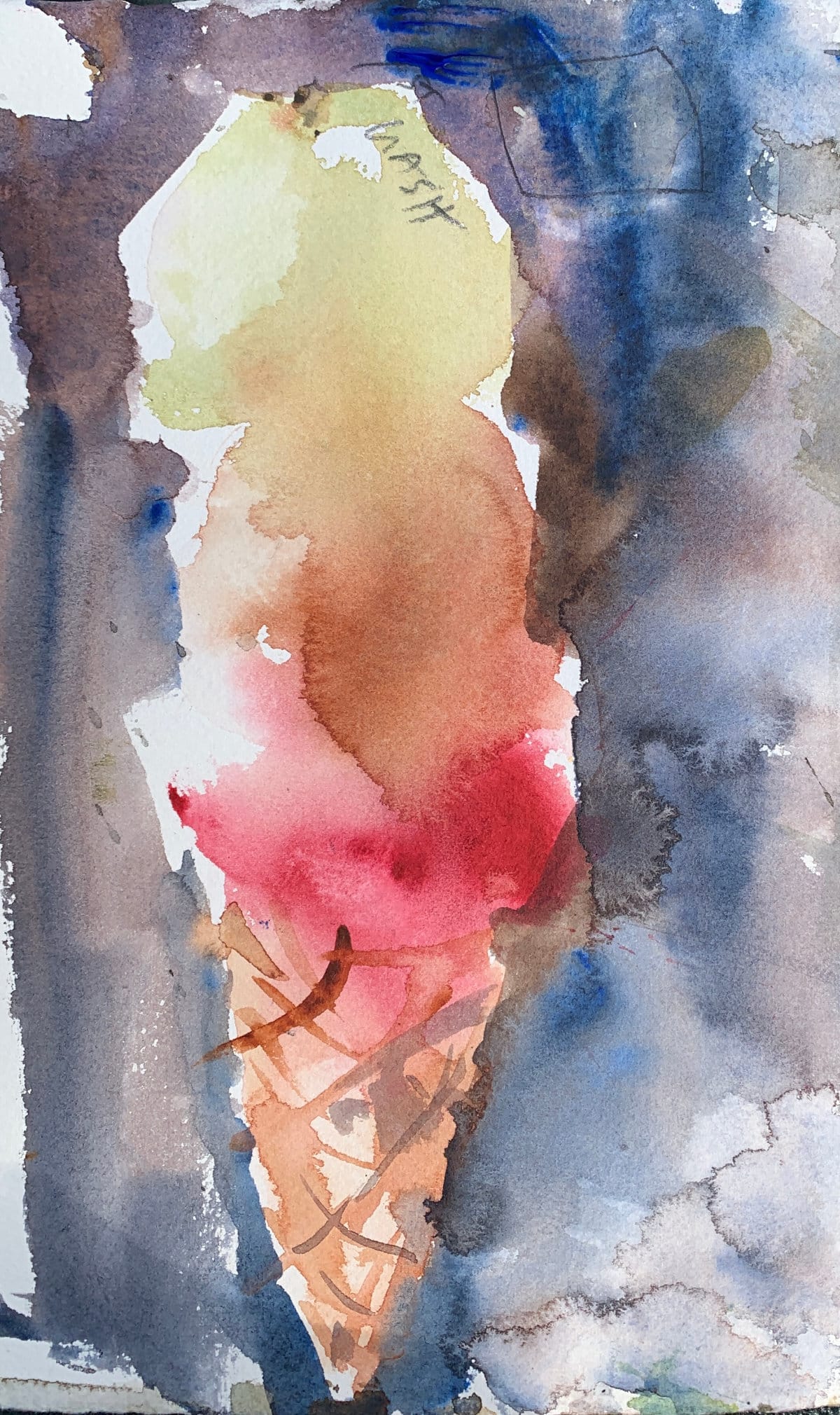 Easy watercolor painting of an ice cream cone using wet-in-wet technique for beginners.