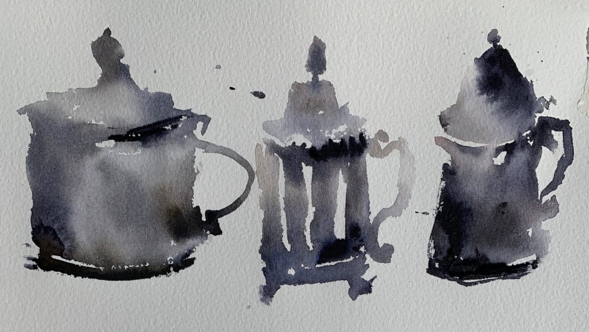 Beginner watercolor project painting metal pots in monotone wash.