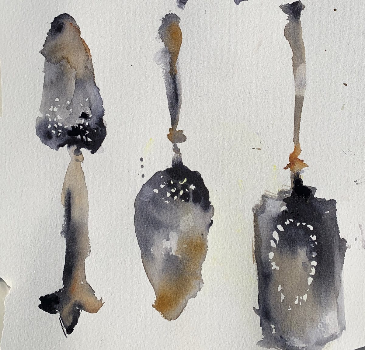 Easy beginner watercolor painting of metal spoons and spatulas using charging technique.