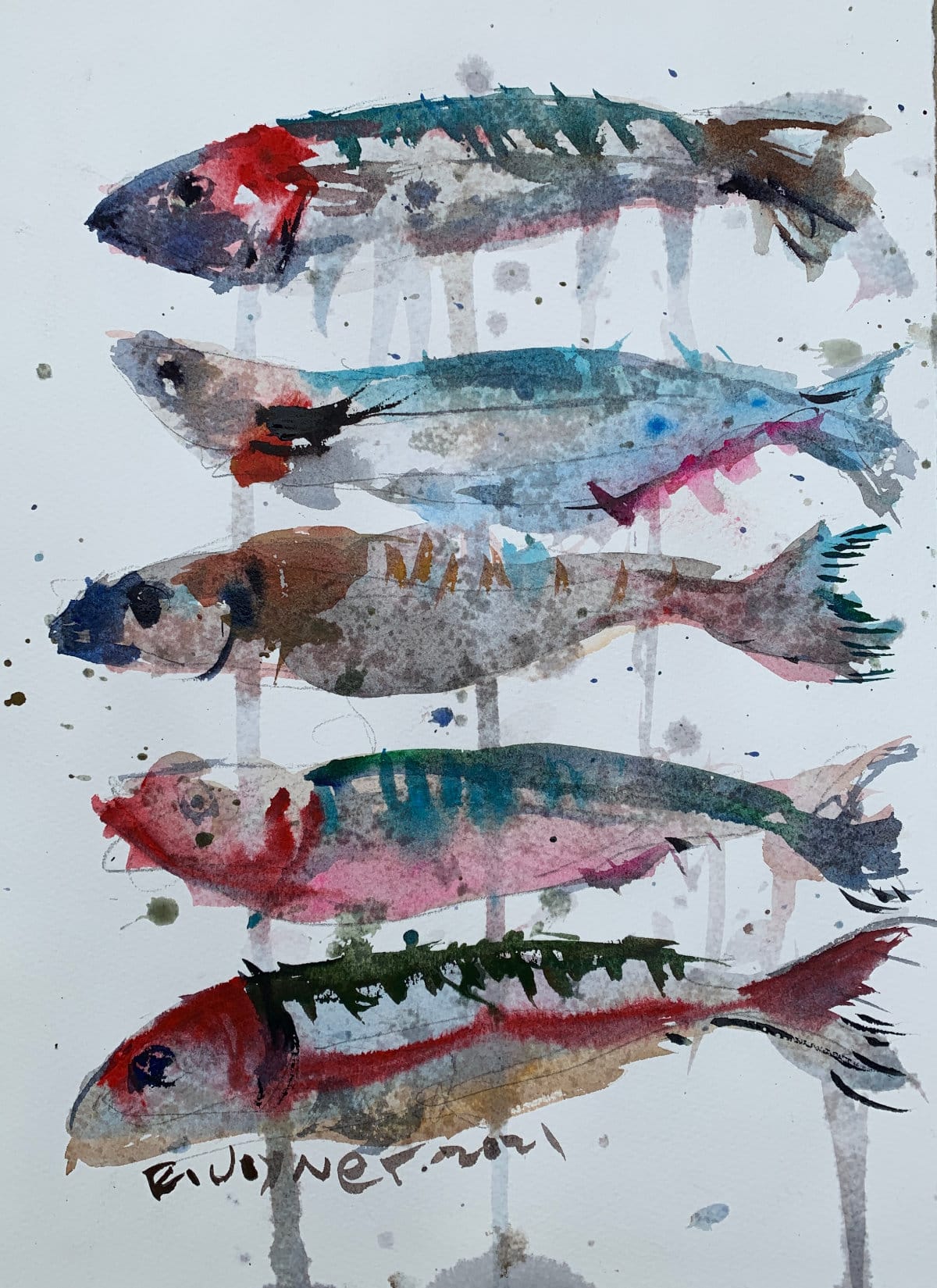Easy watercolor painting of stacked fish using wet-in-wet and wet-on-dry technique.