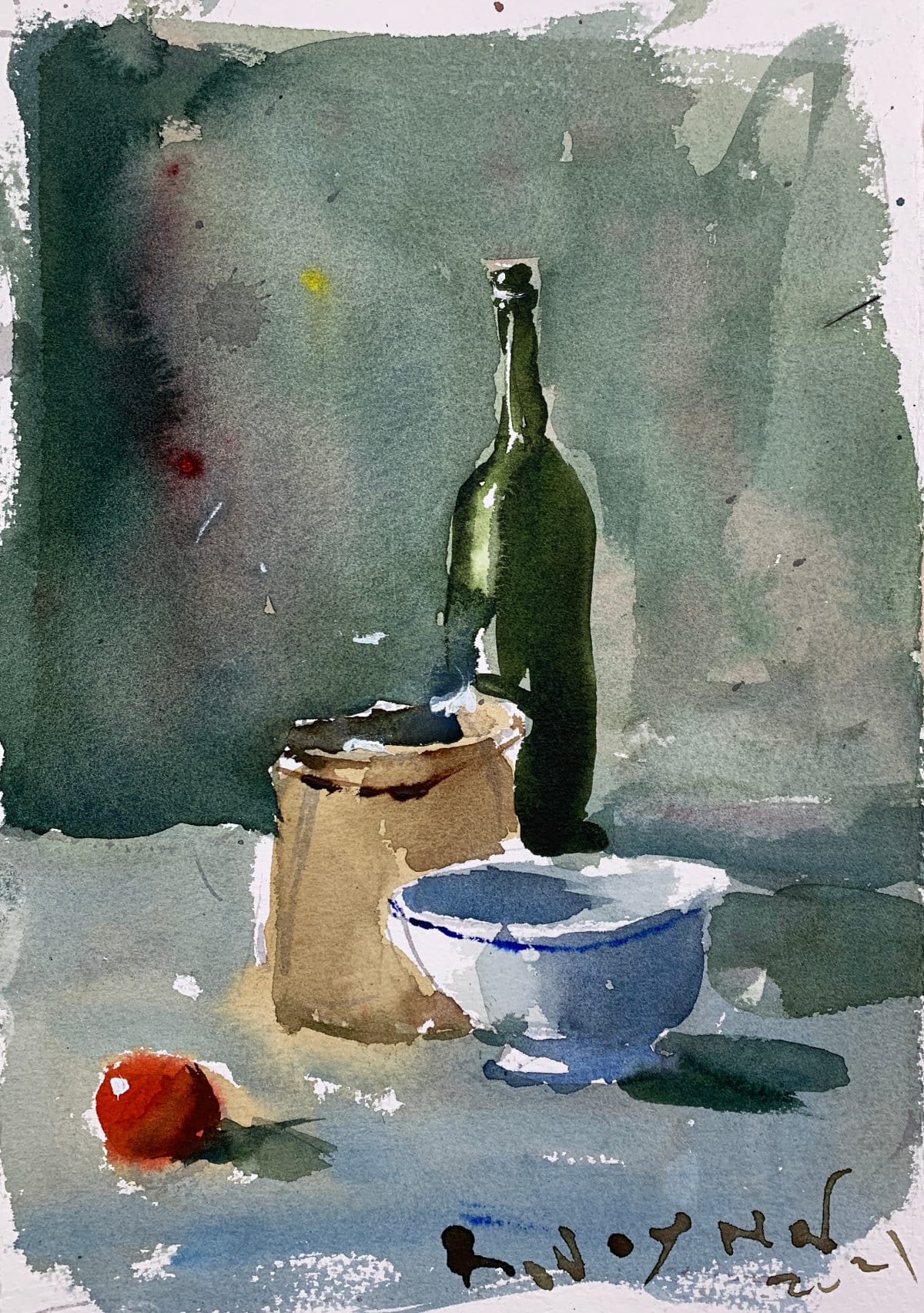 Beginner watercolor painting of a still life with vessels using multiple techniques.