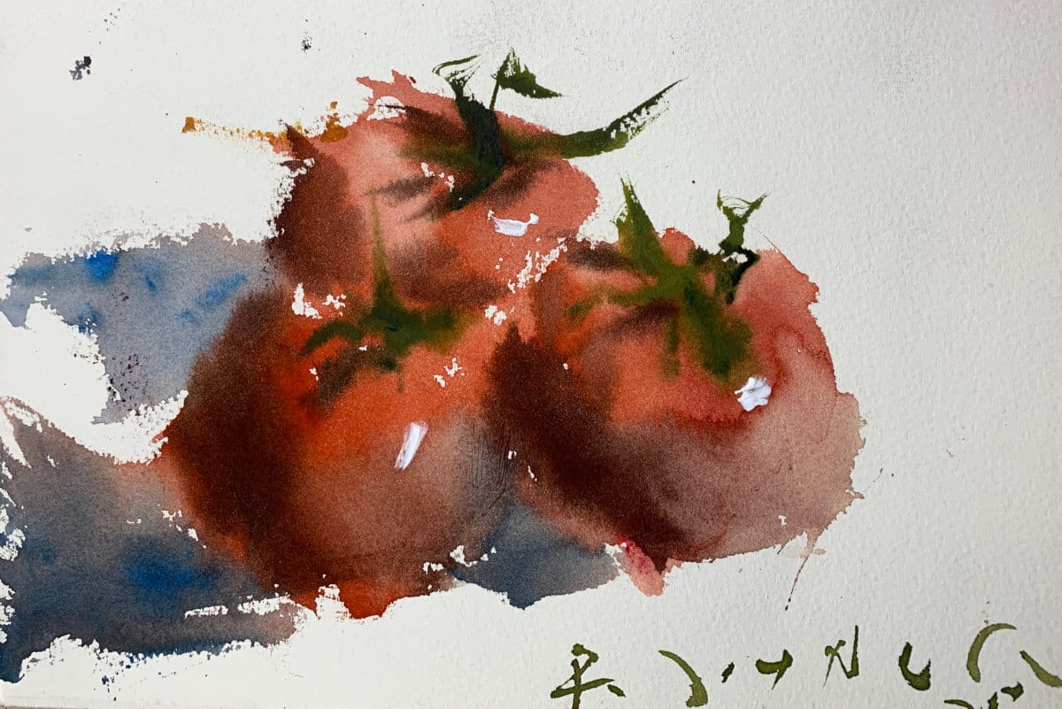 Beginner watercolor painting of vine tomatoes with multiple technique