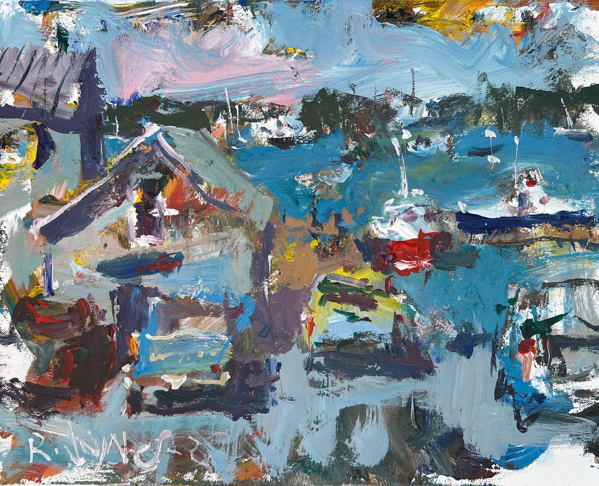 Expressive painting of a Maine harbor with fishing boats under a bright coastal sky.
