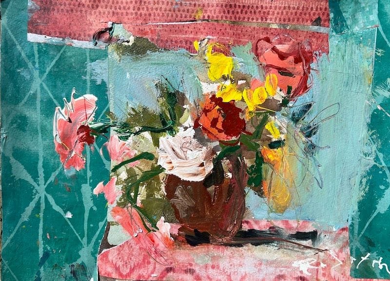 Mixed media floral still life with vibrant blooms, earthy vase, and patterned collage border