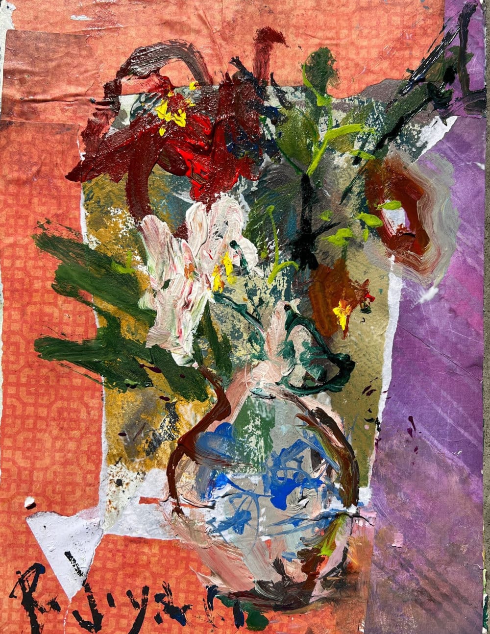 Completed mixed media flower still life with vase and collage border.