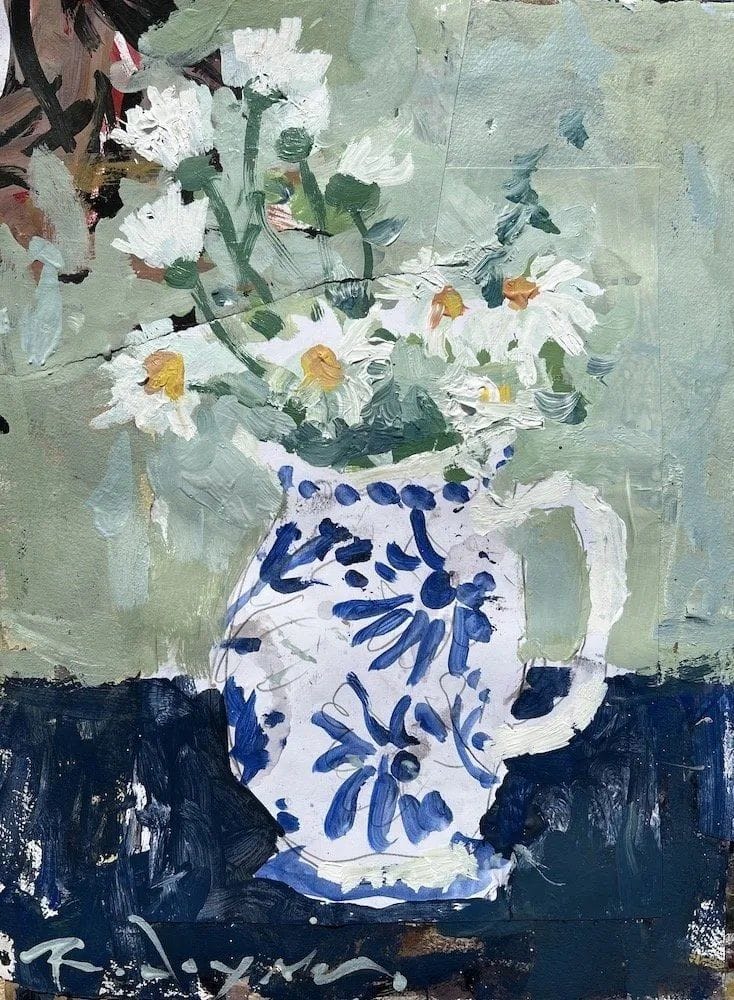 Expressive, loose mixed media flower still life with daisies in a textured collage vase