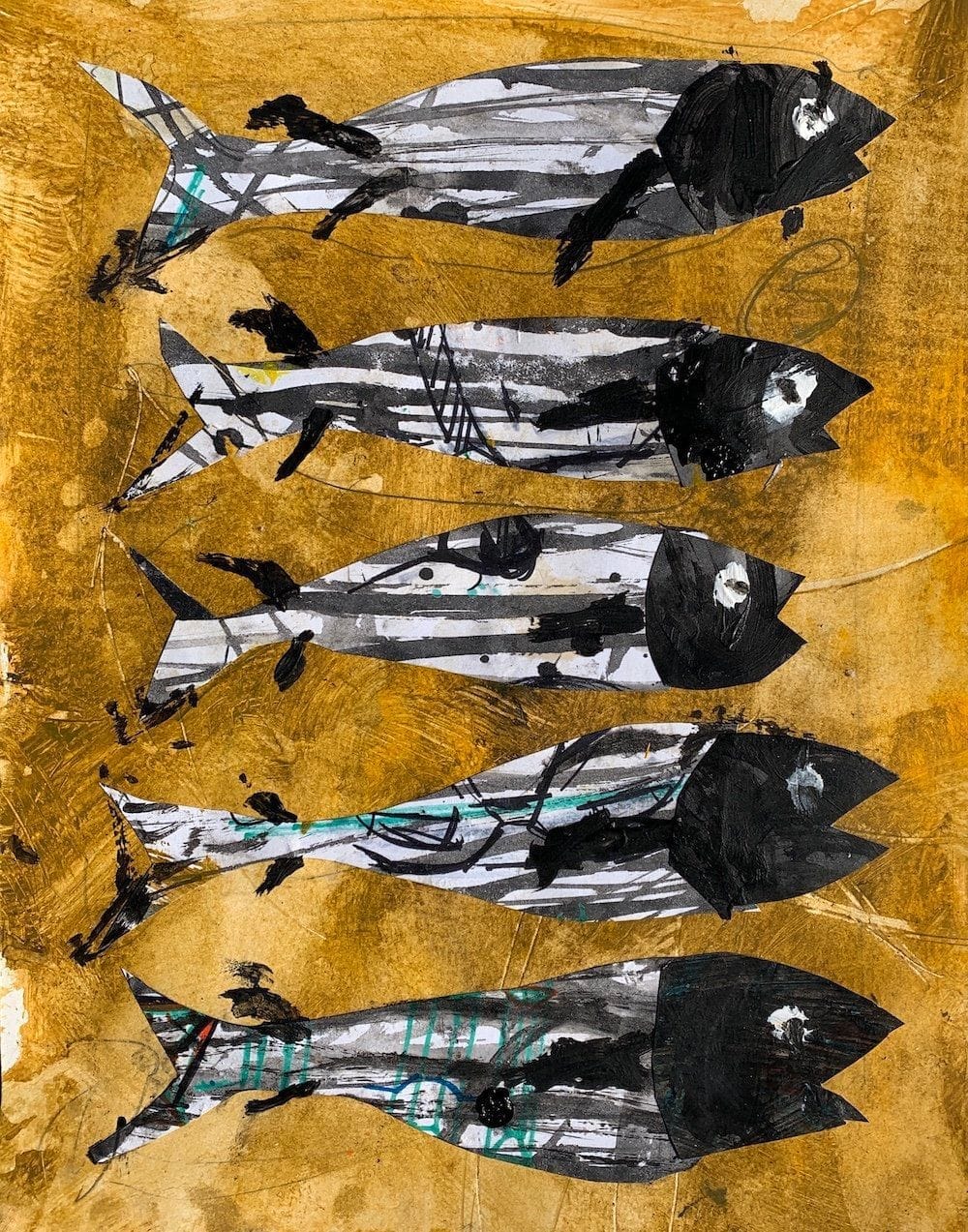 Mixed media fish collage painting with five uniquely patterned fish on a textured painted background.