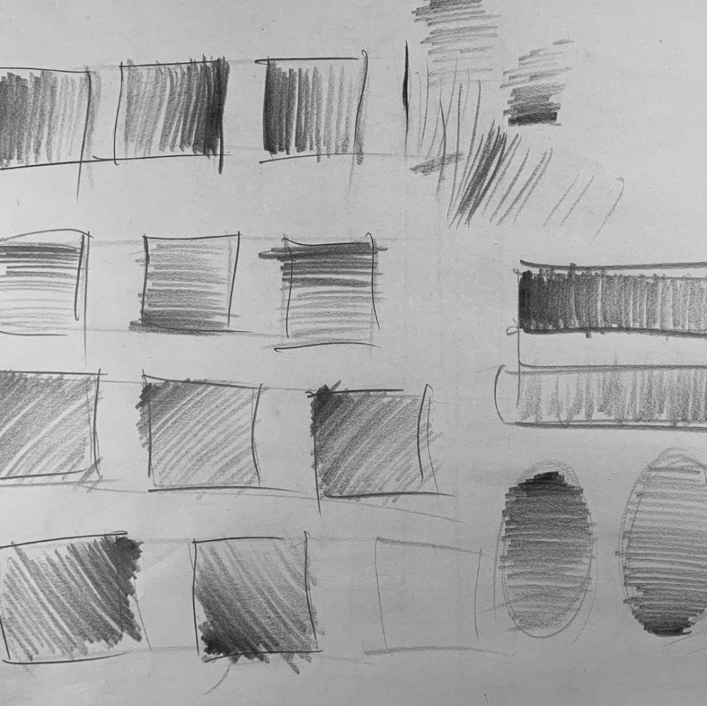 Forms and shapes drawing demo showing spheres, cubes, and cylinders for foundational structure.