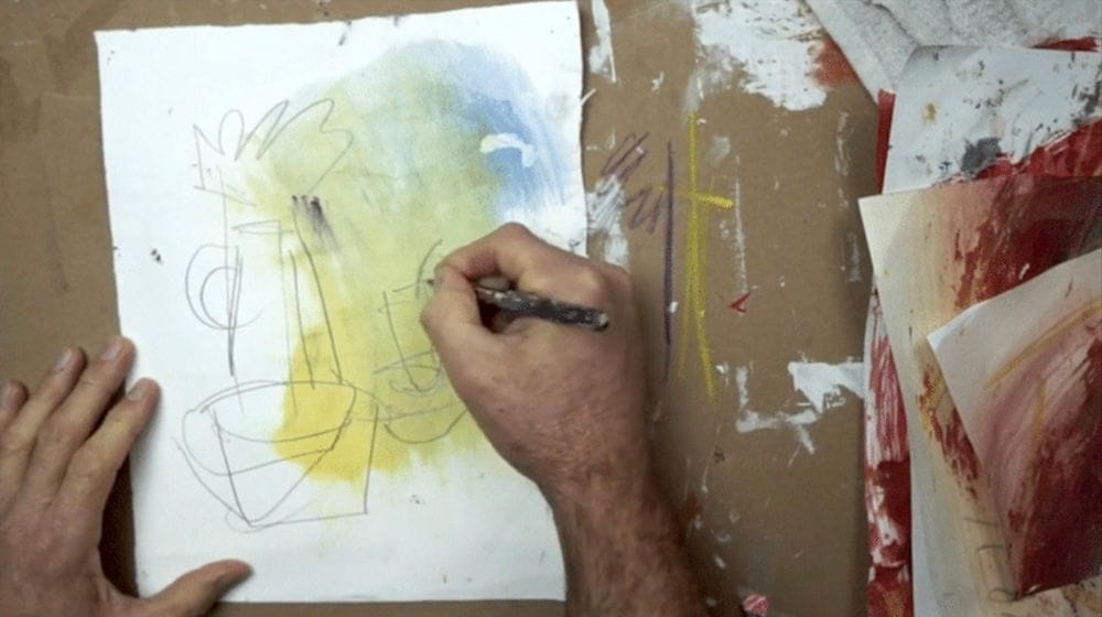 Loose gestural composition sketch on stained Bristol paper as the first step in a mixed media still life painting.